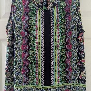 Cynthia Rowley Pink and Black Graphic Blouse with Mandarin Collar